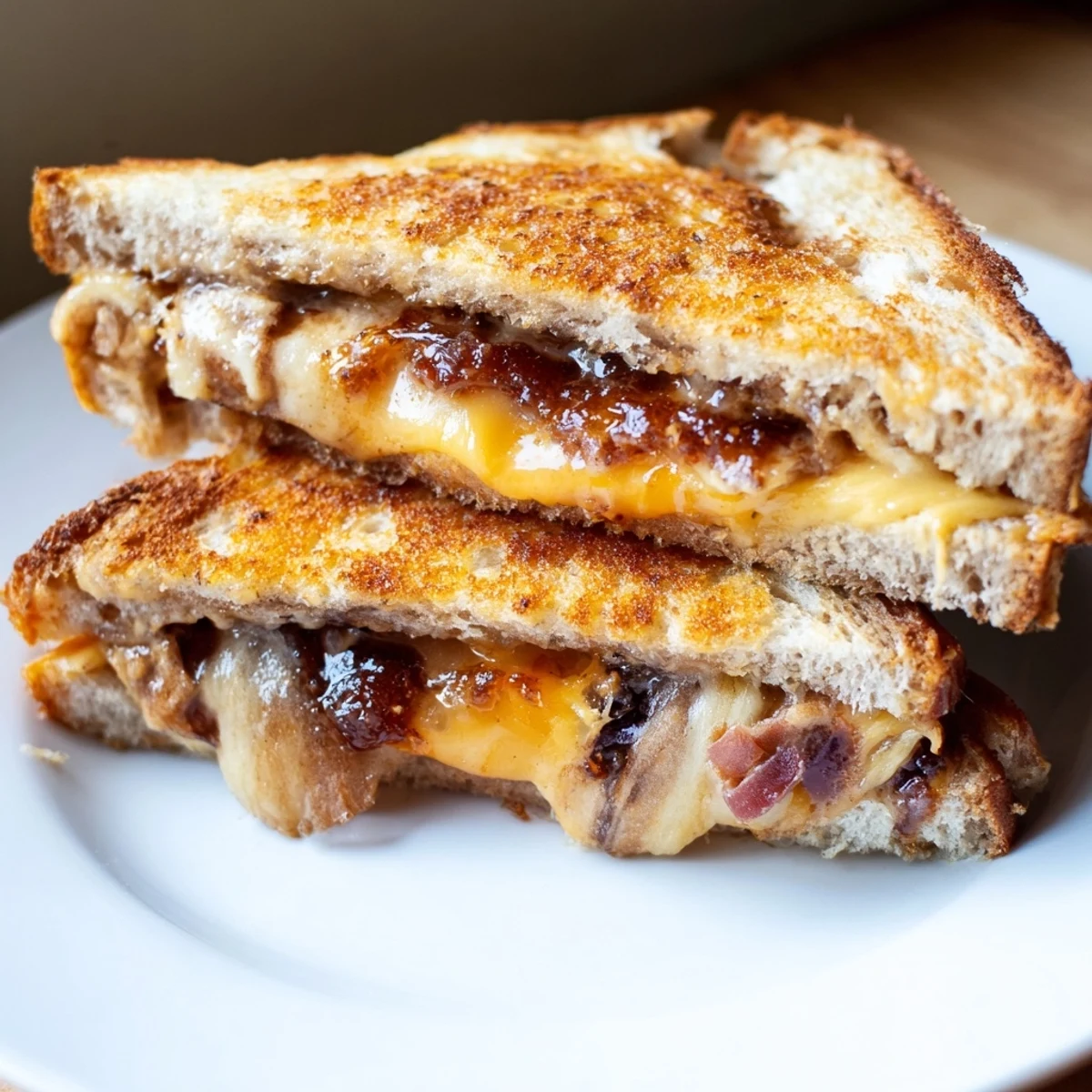 Slices of sourdough filled with tangy bacon jam and cheese make this grilled cheese special.