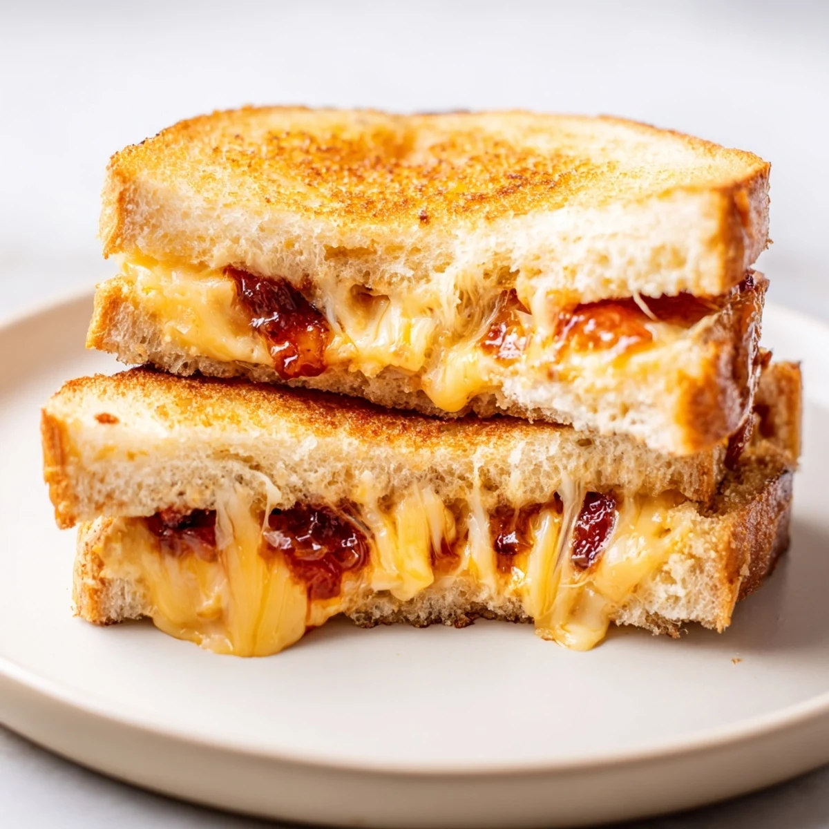 A close-up shot of a perfect Bacon Jam Grilled Cheese with crispy bread and gooey cheese.
