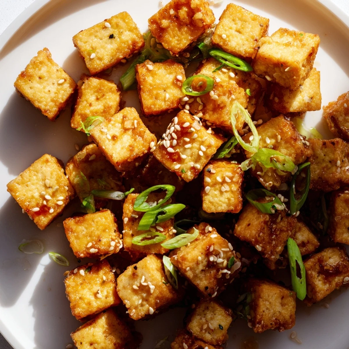 A plate of flavorful Honey Sriracha Tofu Nuggets with sesame seeds, ready to enjoy as a snack.