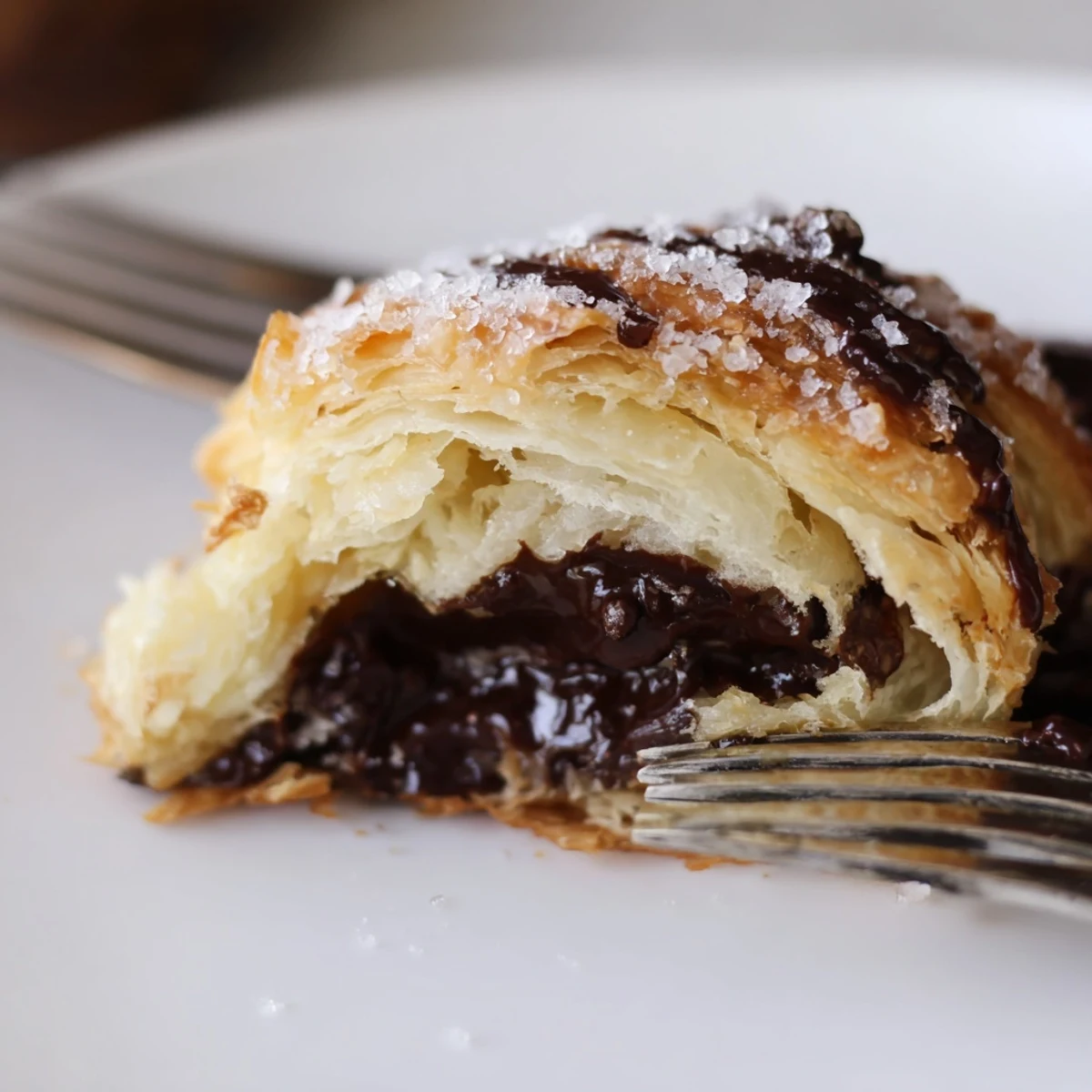 Flaky, golden-brown crookies are stacked, showing off their layers of croissant and cookie.
