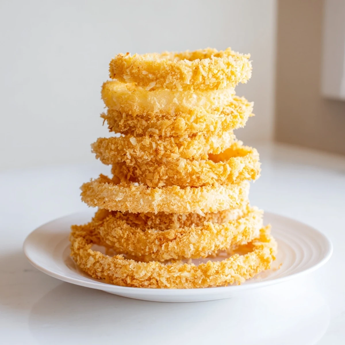 Crispy Onion Ring Tower, a towering golden feast offering a delightful crunch and savory flavor.