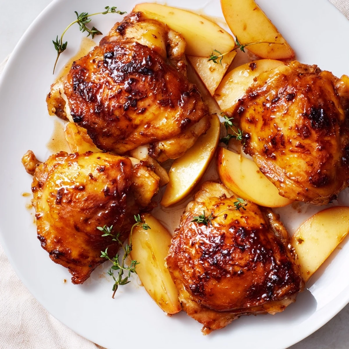Golden, Sticky Maple Apple Chicken, with glistening glaze and tender apple slices nearby.