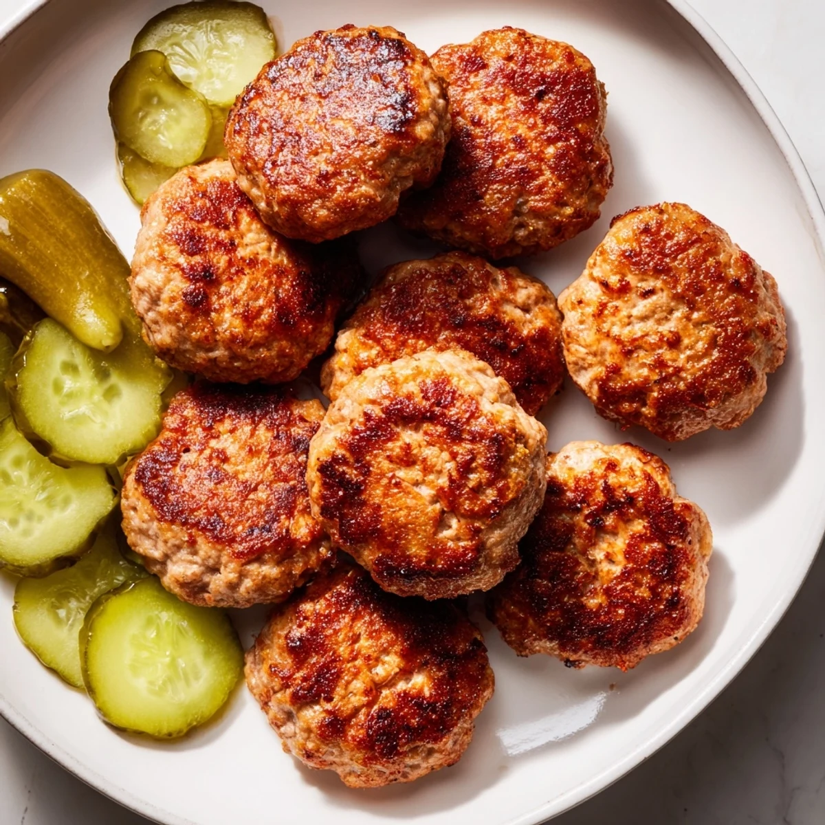 Golden-brown Danish frikadeller, perfectly pan-fried and ready to be served with tangy pickles.