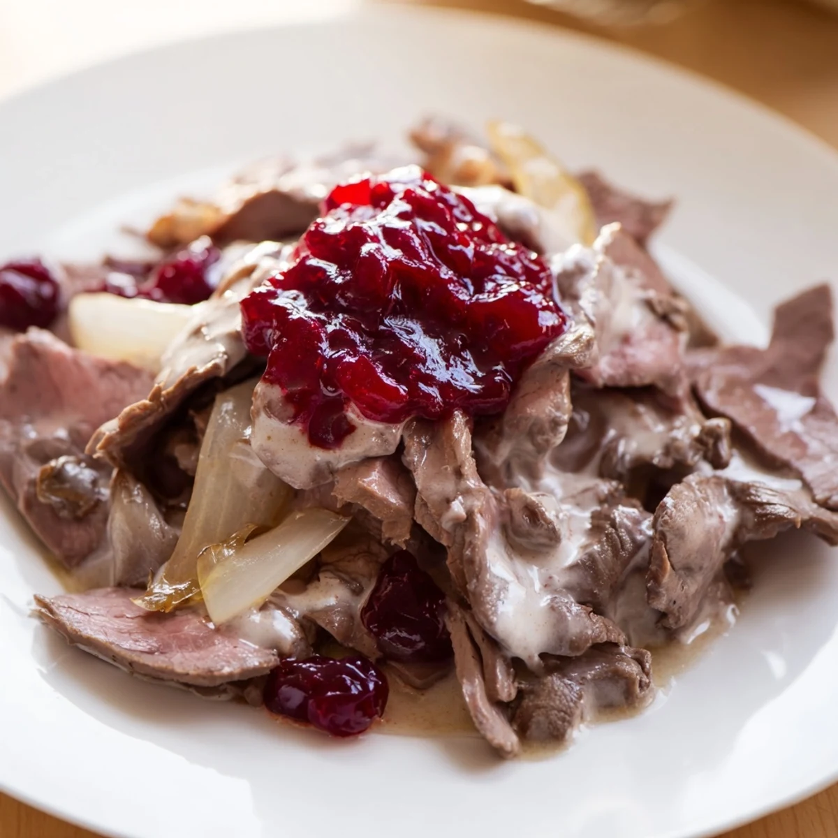 Finnish Reindeer Stew, a hearty dish with tender meat and creamy sour cream, ready to serve.