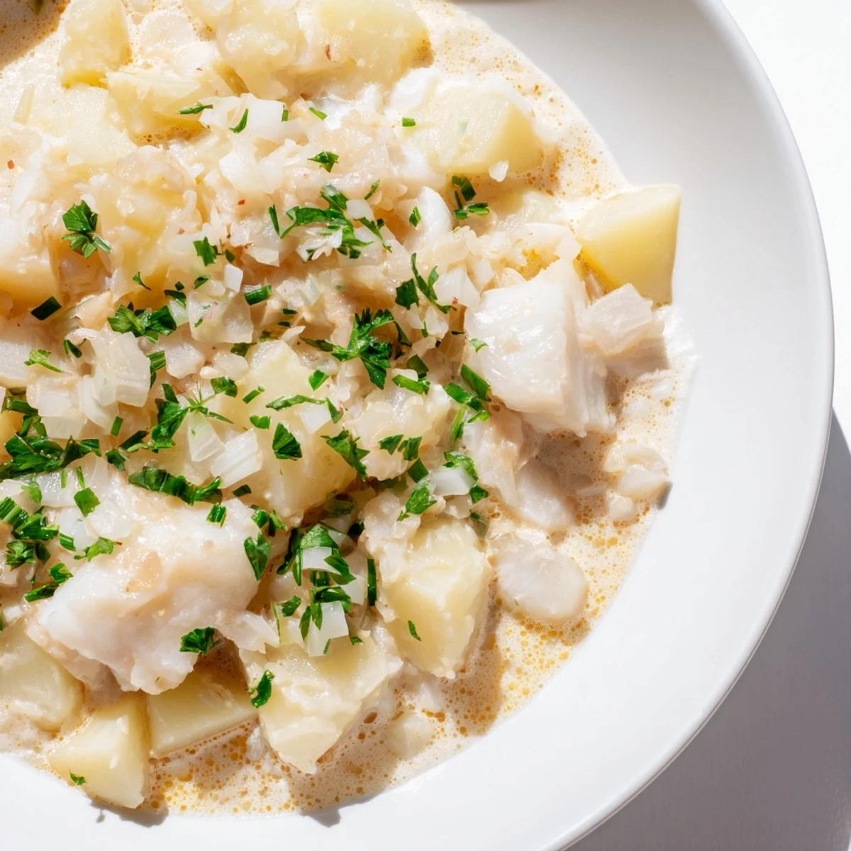 Creamy Icelandic fish stew, a hearty bowl, showcasing tender fish and chunks of potato seasoned perfectly.