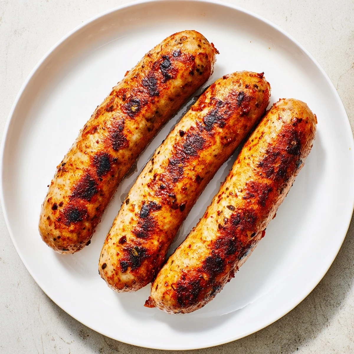 Grilled Romanian mici sausages, browned and sizzling, with char marks, ready to eat.
