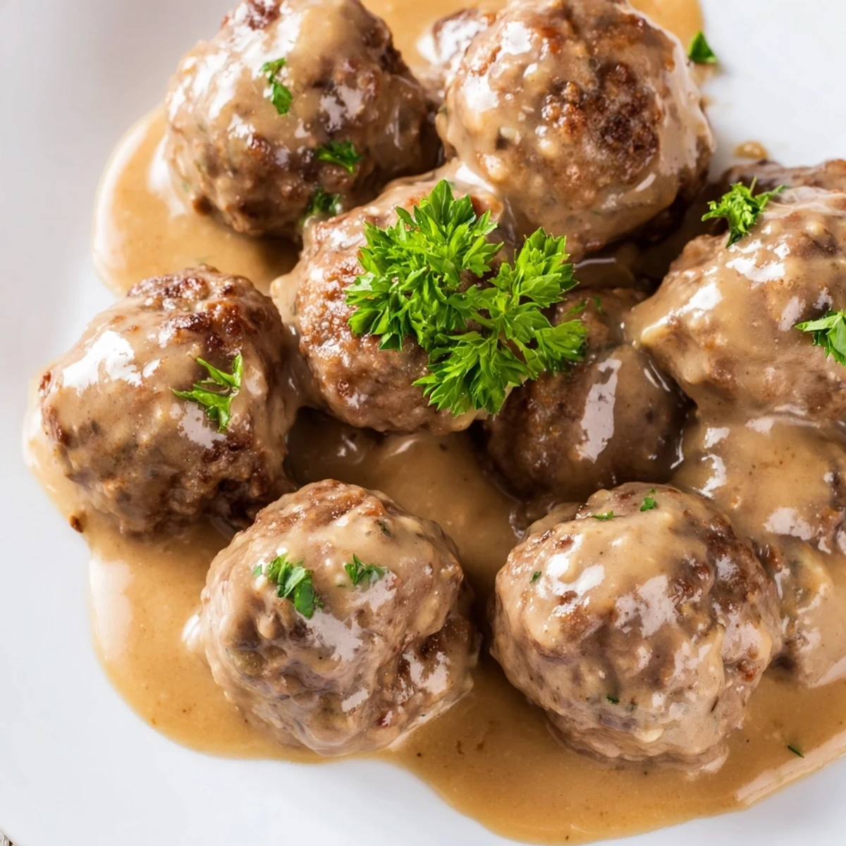 Golden brown Swedish Meatballs swimming in a creamy, savory gravy, ready to serve with mashed potatoes.
