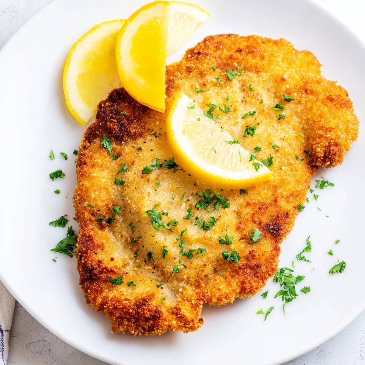 Golden-brown German schnitzel cutlet, crispy-coated and ready for a squeeze of fresh lemon juice.