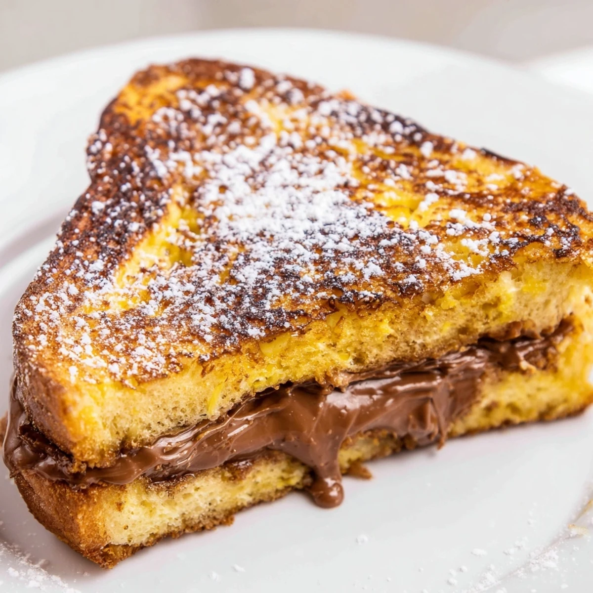 Golden-brown Nutella Brioche French Toast dusted with powdered sugar, served with fresh berries and a drizzle of maple syrup.  