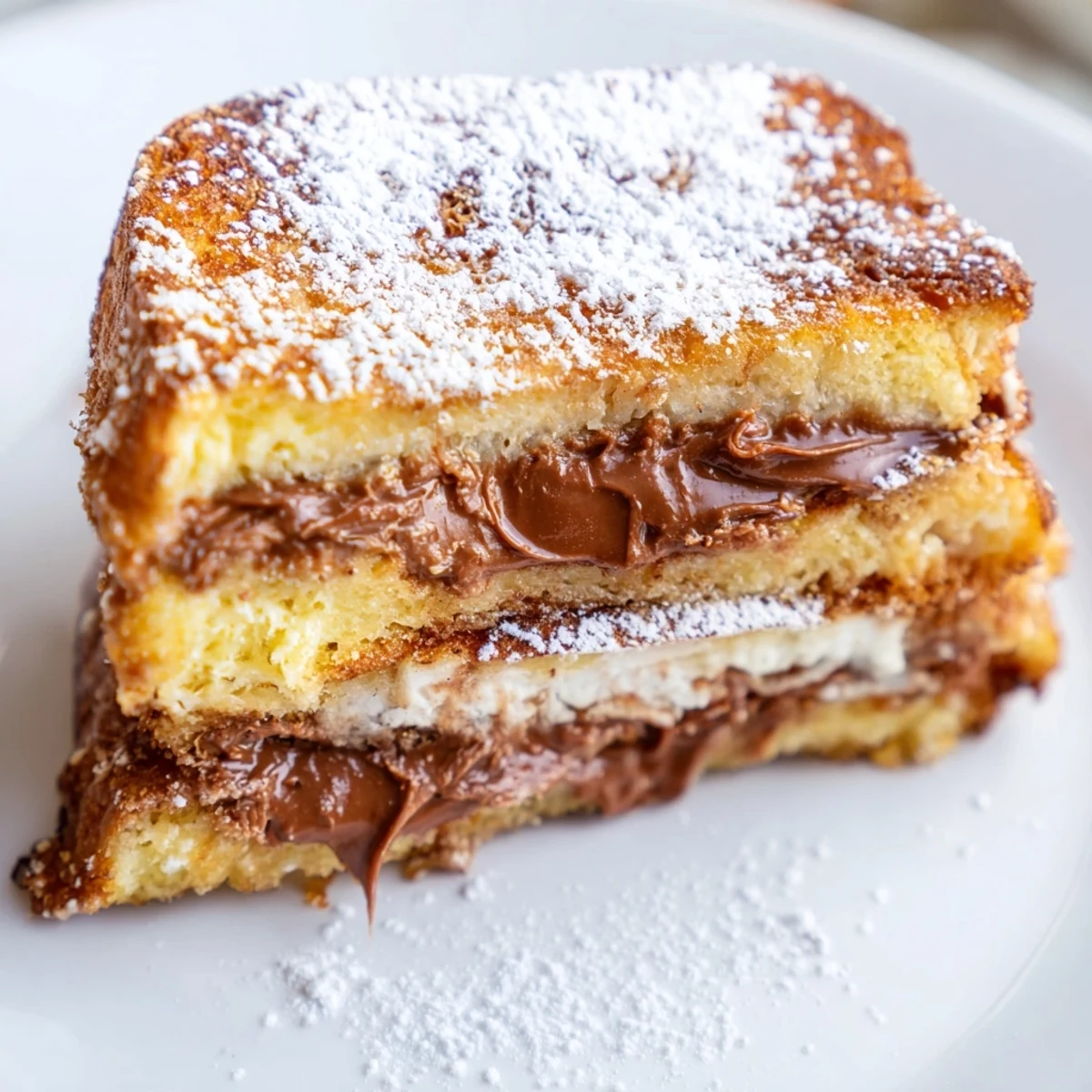 Decadent Nutella Brioche French Toast sandwiches ooze melted chocolate hazelnut spread on fluffy brioche.  