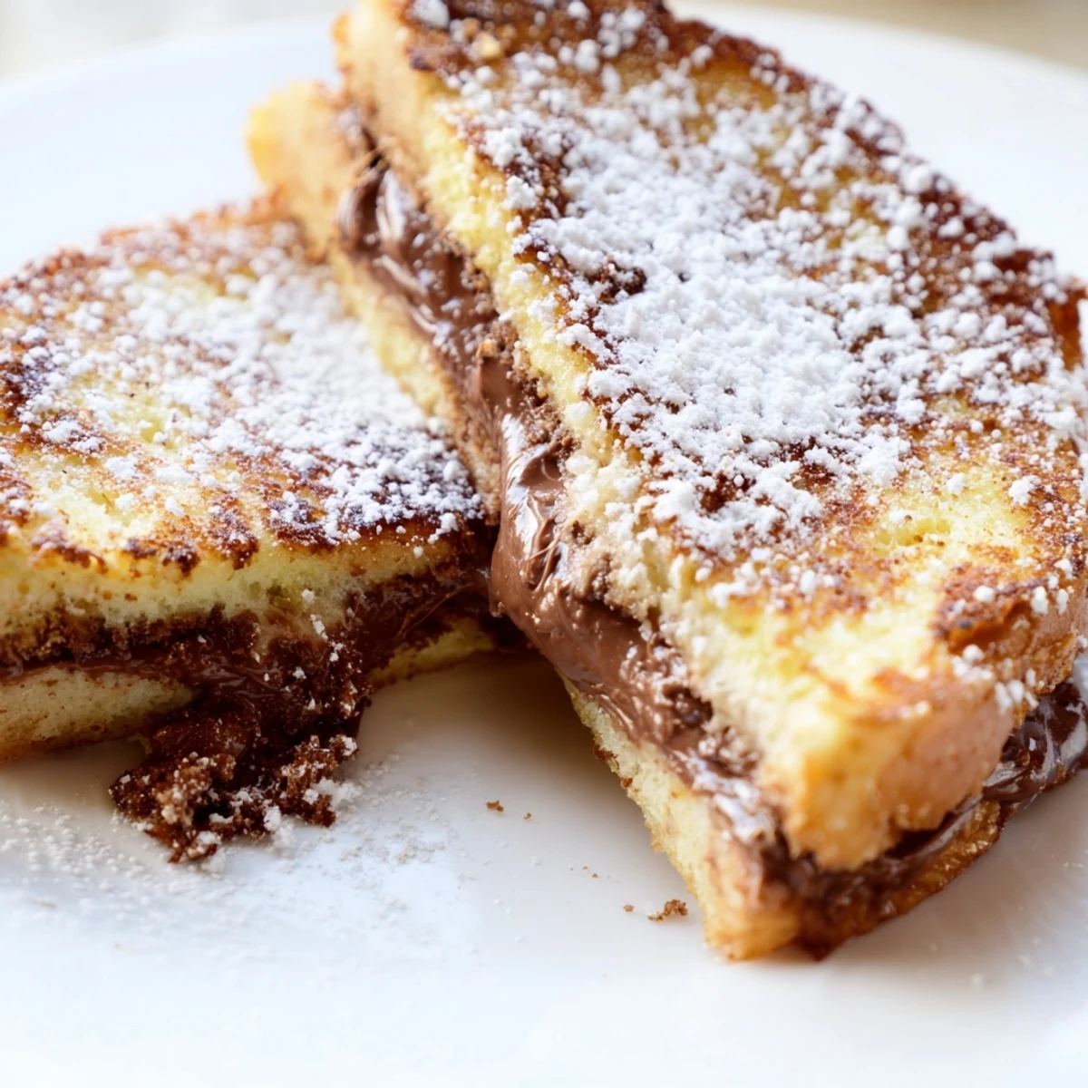 Crispy-edged Nutella Brioche French Toast with a dusting of powdered sugar and fresh strawberries on the side.