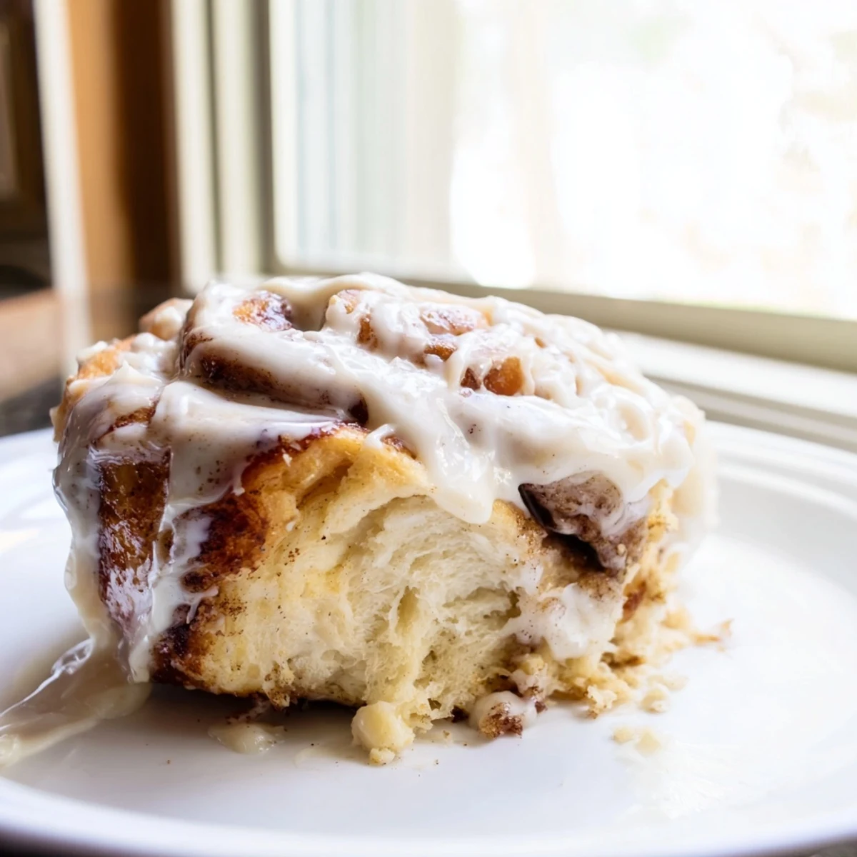 Warm Pillow Soft Cinnamon Rolls are pulled apart, revealing fluffy layers and rich brown sugar filling on a wooden board.