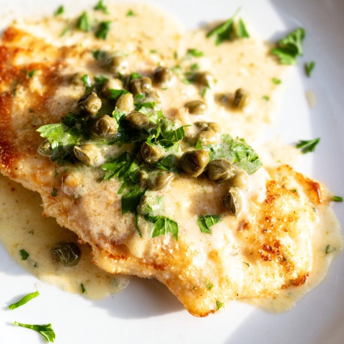 Golden, pan-fried chicken breasts coated in a creamy lemon and caper sauce, served over pasta.