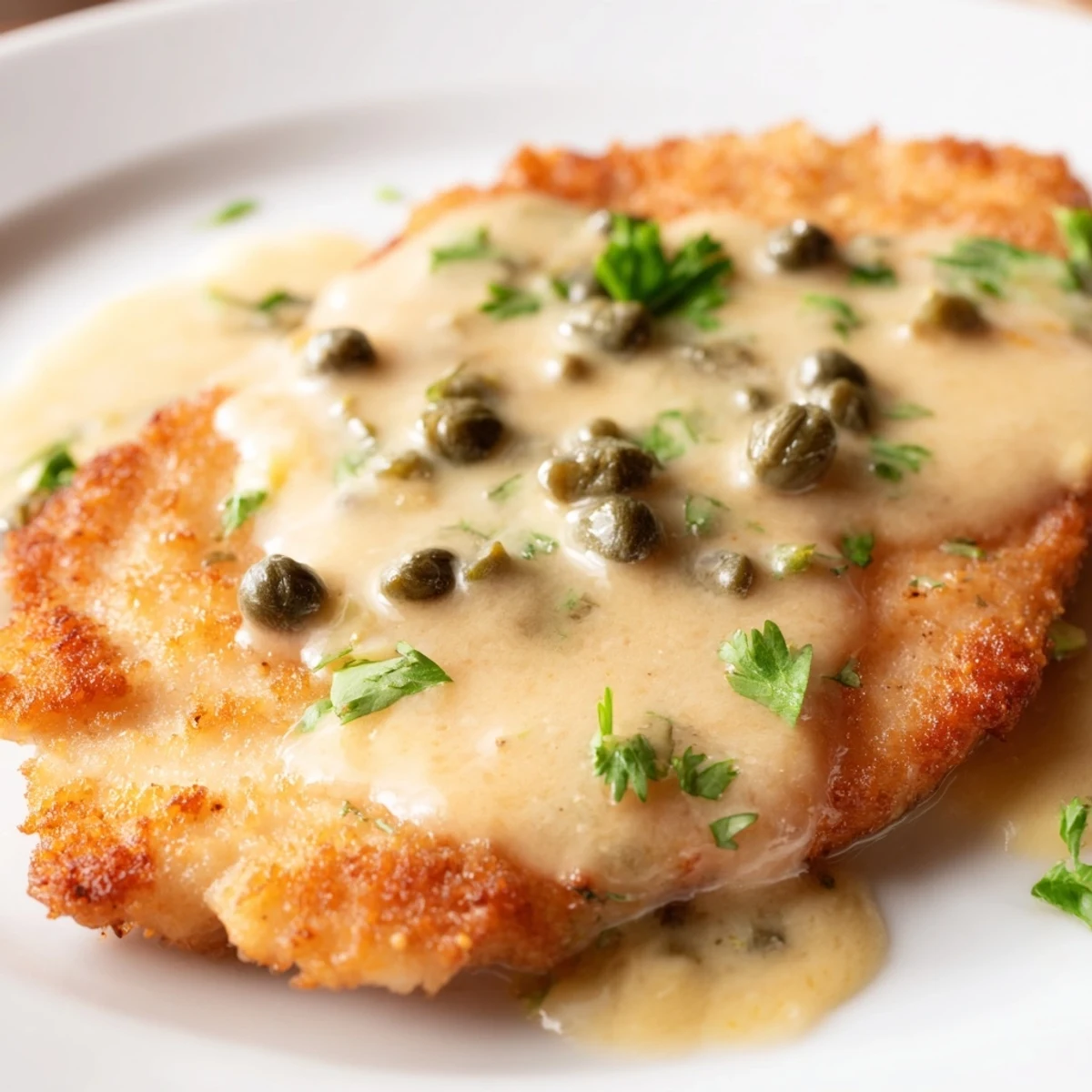 A close-up of Creamy Chicken Piccata with golden chicken and a luscious, buttery sauce, ready to serve.