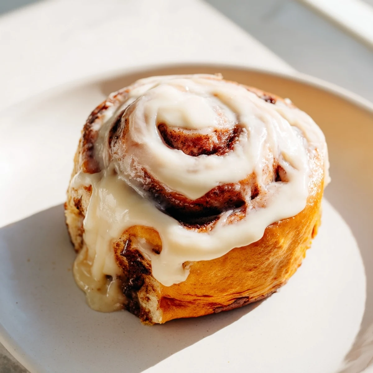 Freshly baked pumpkin cinnamon rolls with cream cheese frosting on a rustic wooden table, golden-brown spirals glistening.  