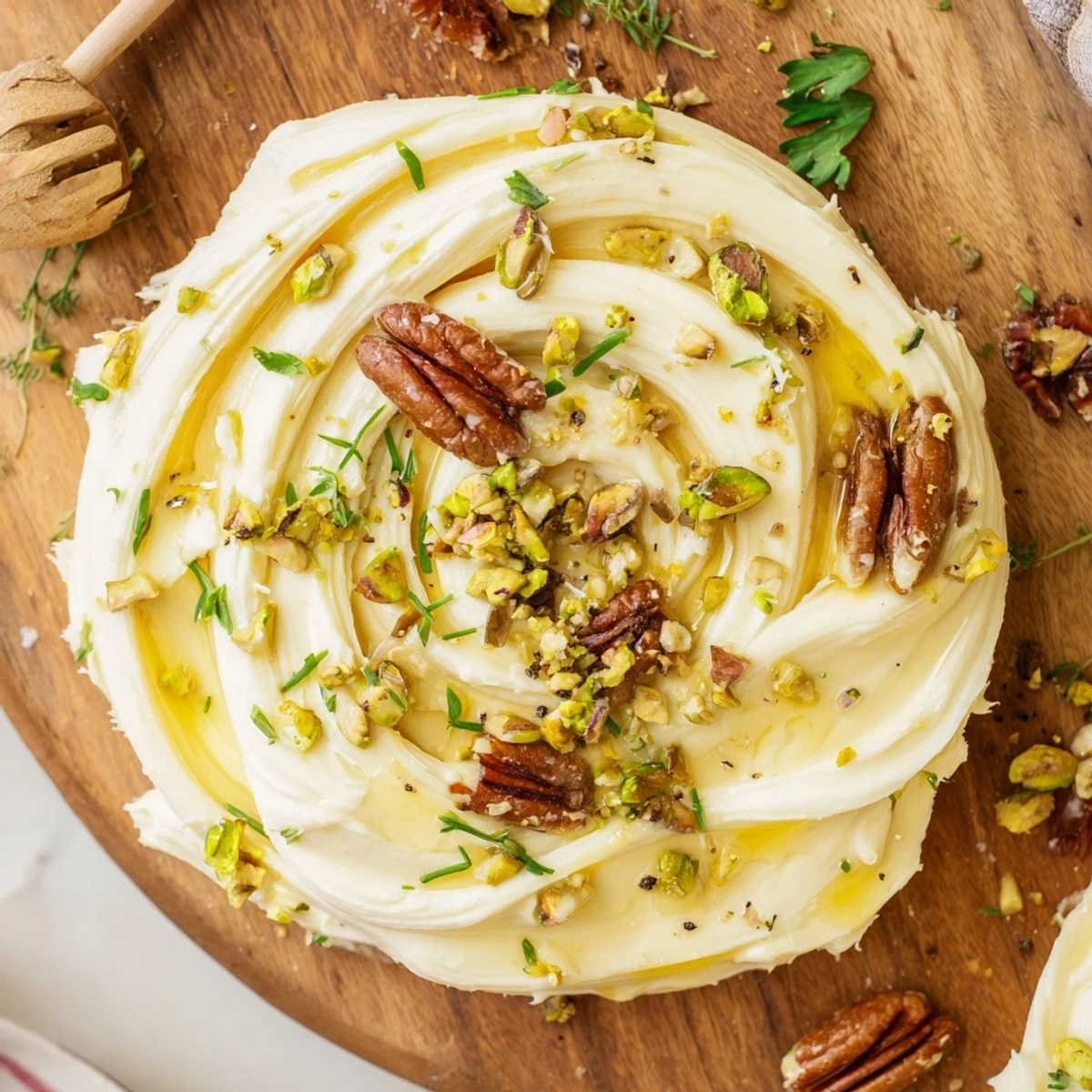 A creamy Flavored Butter Board Charcuterie spread on wood, garnished with chopped pistachios, fresh chives, and honey drizzle for serving.