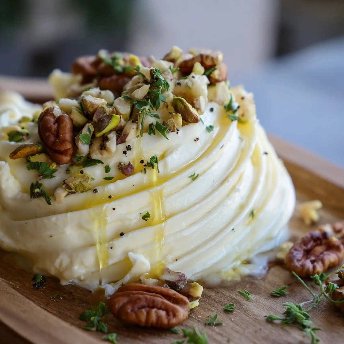 Close-up of Flavored Butter Board Charcuterie with swirls of softened butter, walnuts, sea salt flakes, and herbs on a rustic board.