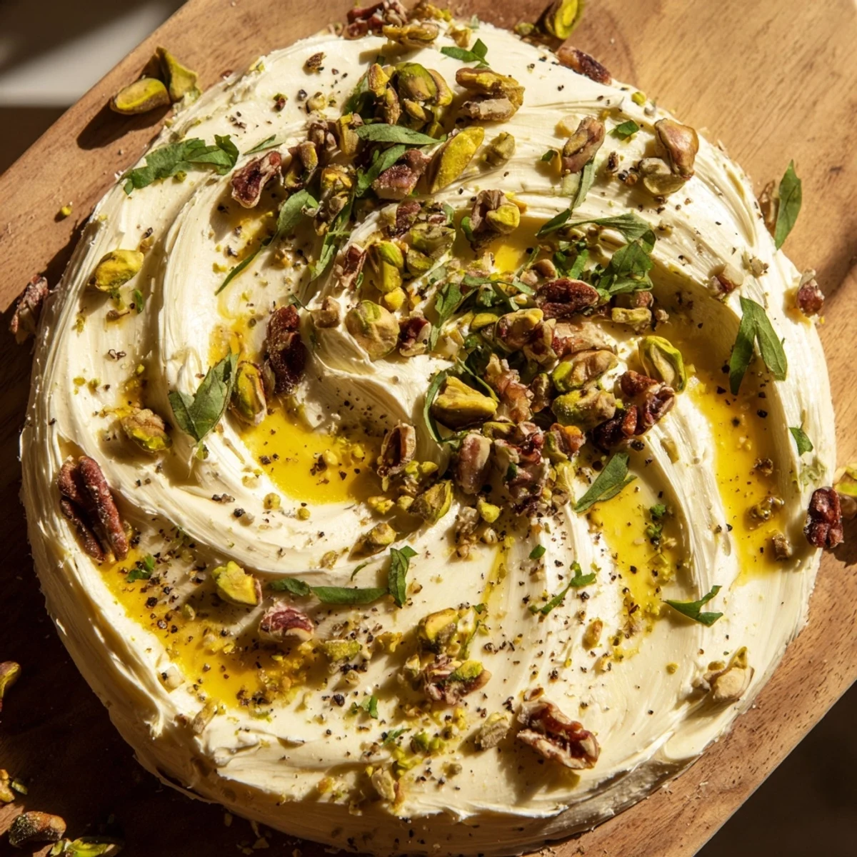Modern American Flavored Butter Board Charcuterie with nuts, herbs, and honey, served alongside sliced baguette and charcuterie for easy entertaining.