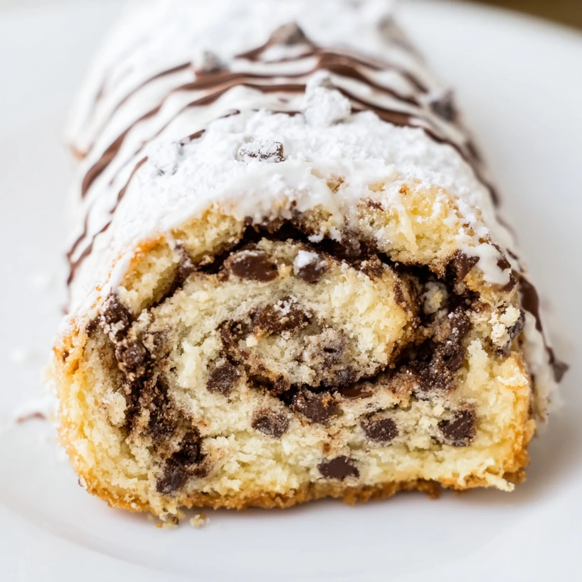 Fluffy, freshly baked Nutella Chocolate Chip Rolls arranged on a white plate, drizzled with sweet icing and ready to serve.