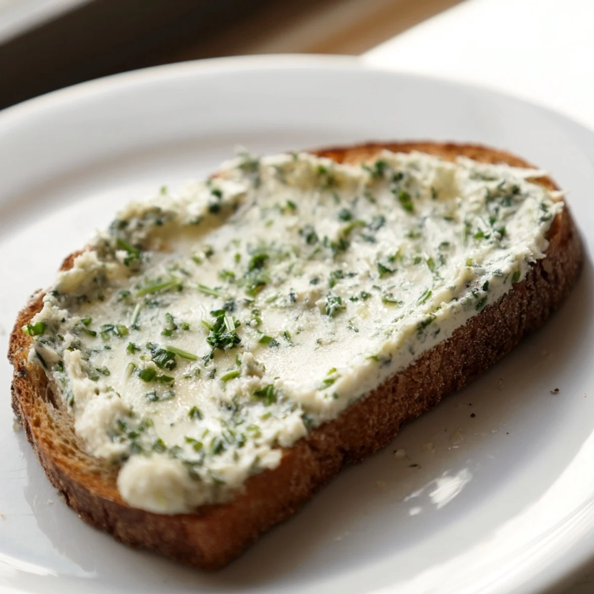 Golden Herb Butter Toast slices on a white plate, crusty bread generously spread with aromatic herb butter and flaky salt garnish.  