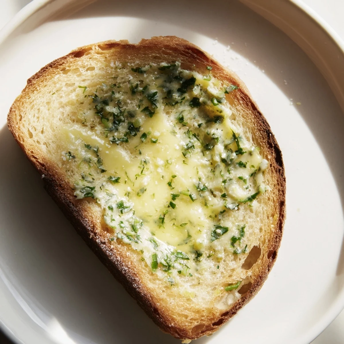 Freshly broiled Herb Butter Toast, the golden crust glistening with melted compound butter flecked with parsley and chives.  