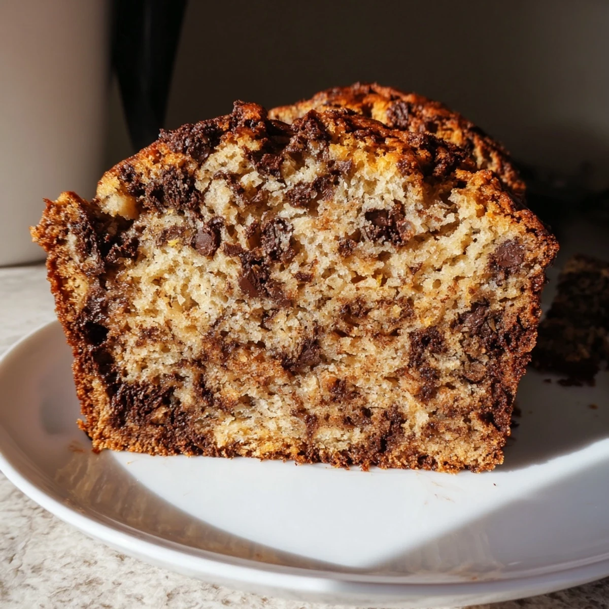 Freshly baked banana bread with chocolate chips on a wooden board, sliced to show its moist interior.