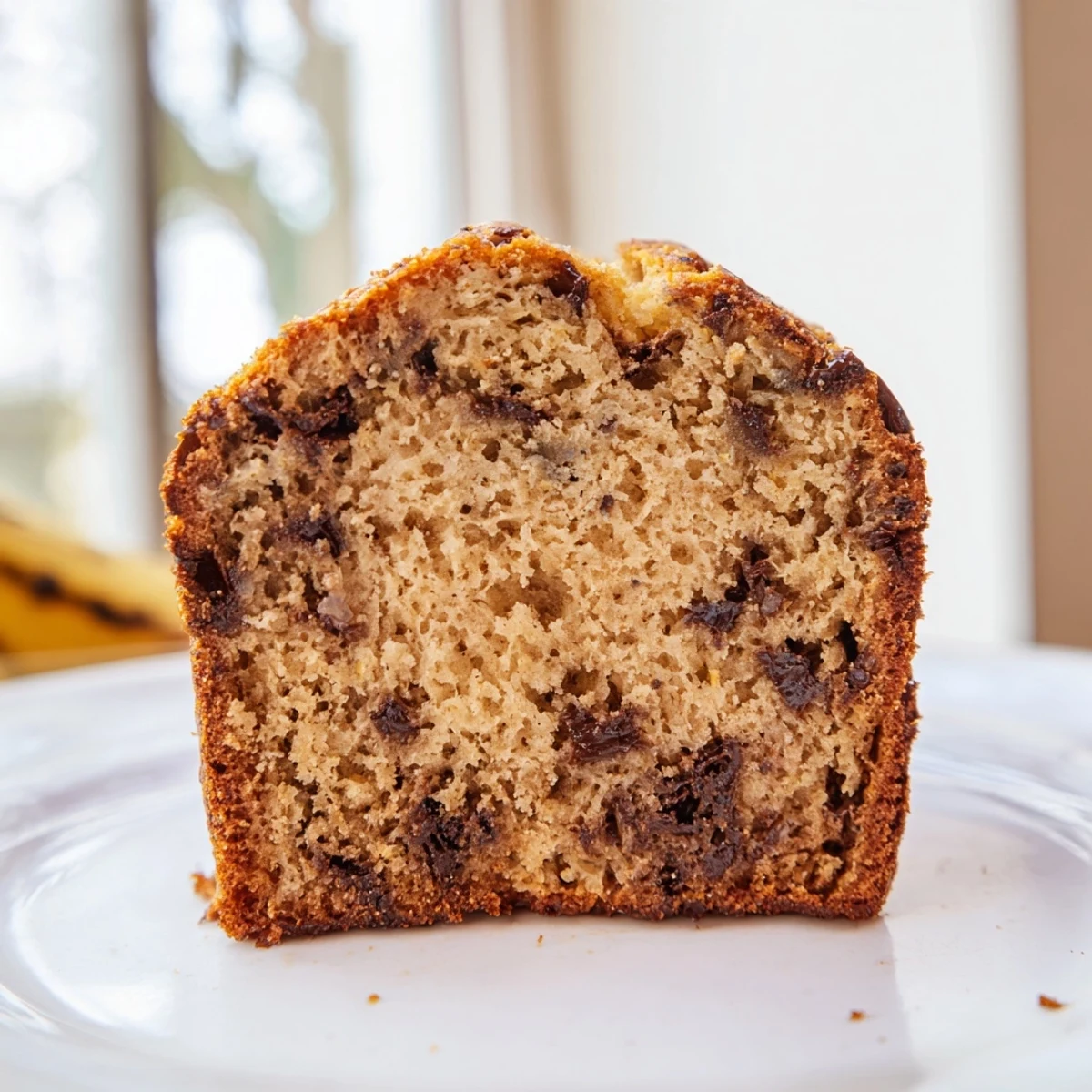 Golden-brown banana bread loaf in a pan, highlighted with a few chocolate chips and ripe bananas nearby.