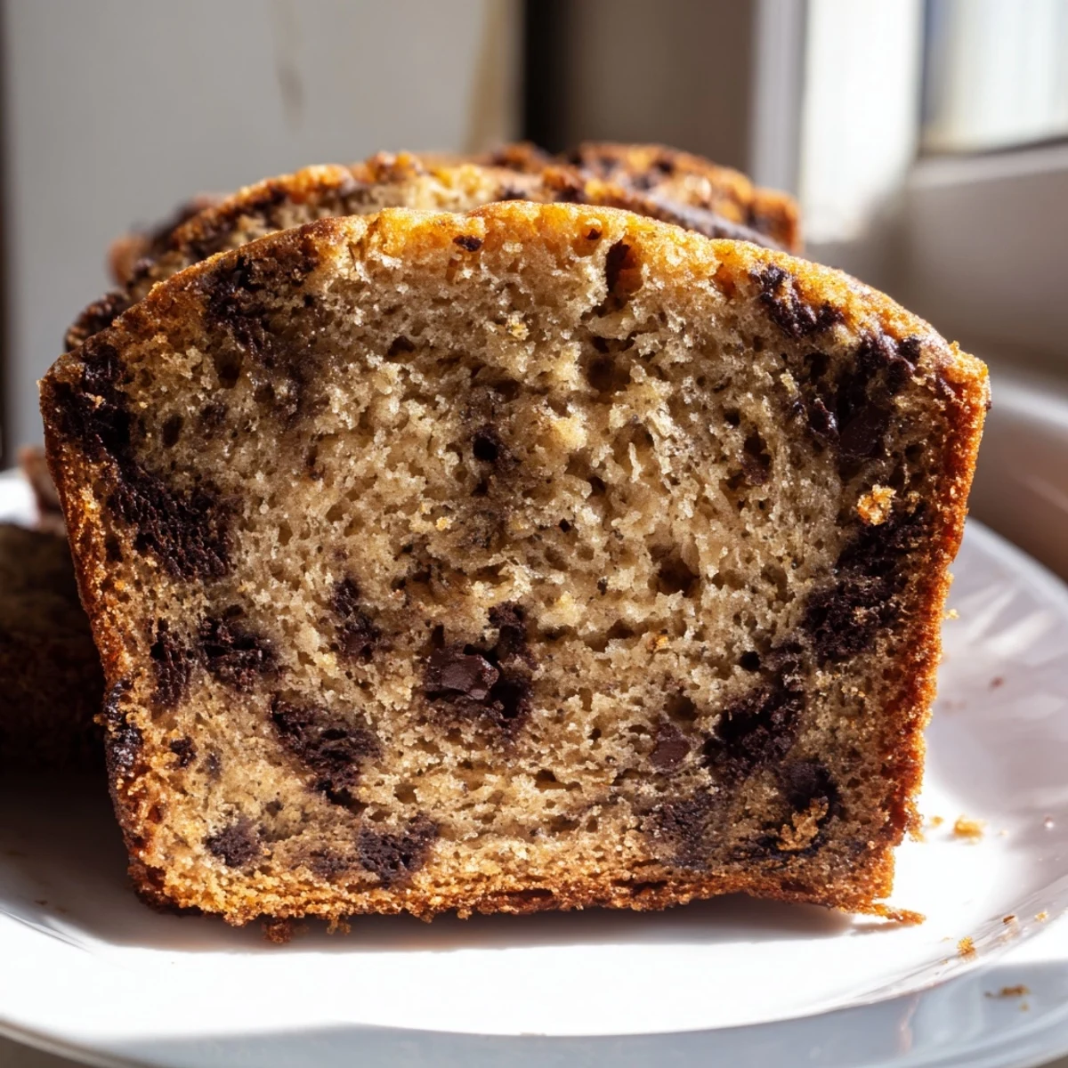 Warm banana bread with chopped walnuts and honey drizzle, served on a rustic plate for breakfast.