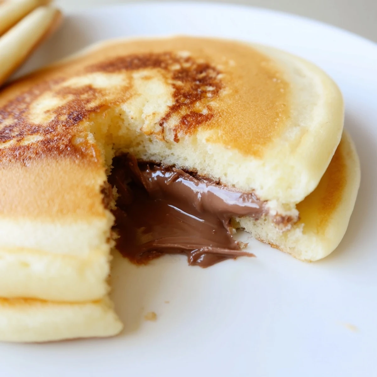 Fluffy Nutella Stuffed Pancakes stacked high, dusted with powdered sugar, ready for a cozy weekend breakfast.