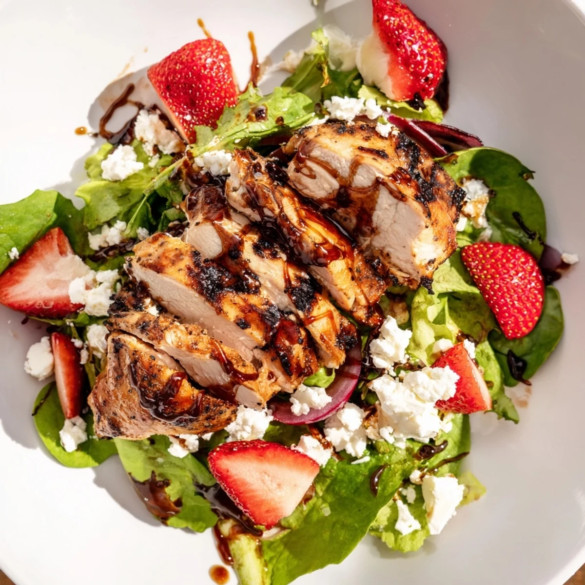 Grilled chicken slices, sliced strawberries, and crumbled goat cheese tossed in honey balsamic glaze on fresh mixed greens.