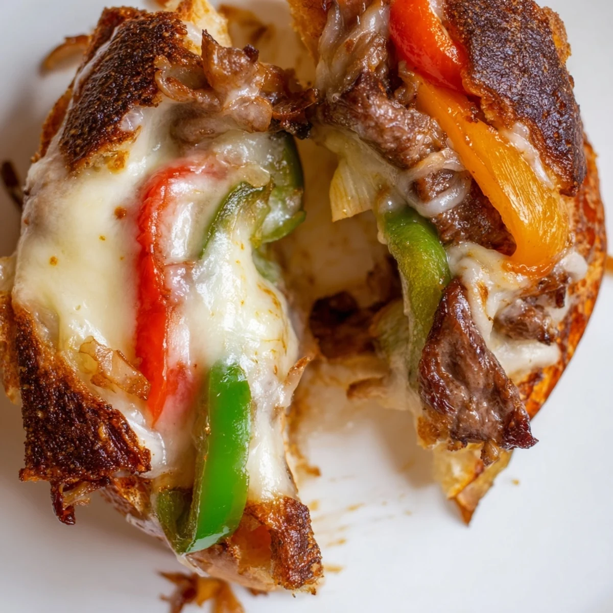 Golden, buttery sourdough grilled cheese stuffed with juicy ribeye steak strips, sautéed peppers, onions, and melted provolone.