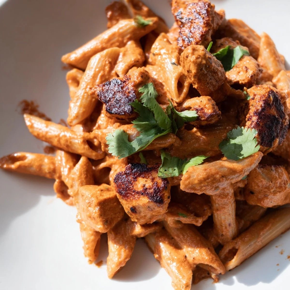 Tender chicken tikka pieces are tossed in a creamy, spiced tomato sauce with perfectly cooked penne pasta.