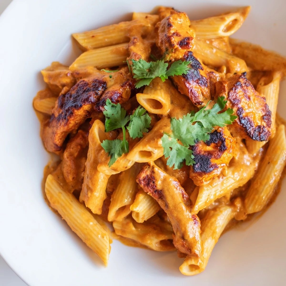 Close-up of chicken tikka pasta showing rich red sauce coating the penne and juicy, charred chicken tikka.