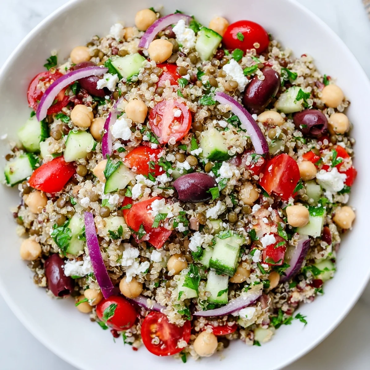 Freshly tossed Greek Power Salad with Kalamata olives and red onion, served in a rustic bowl for a healthy lunch.