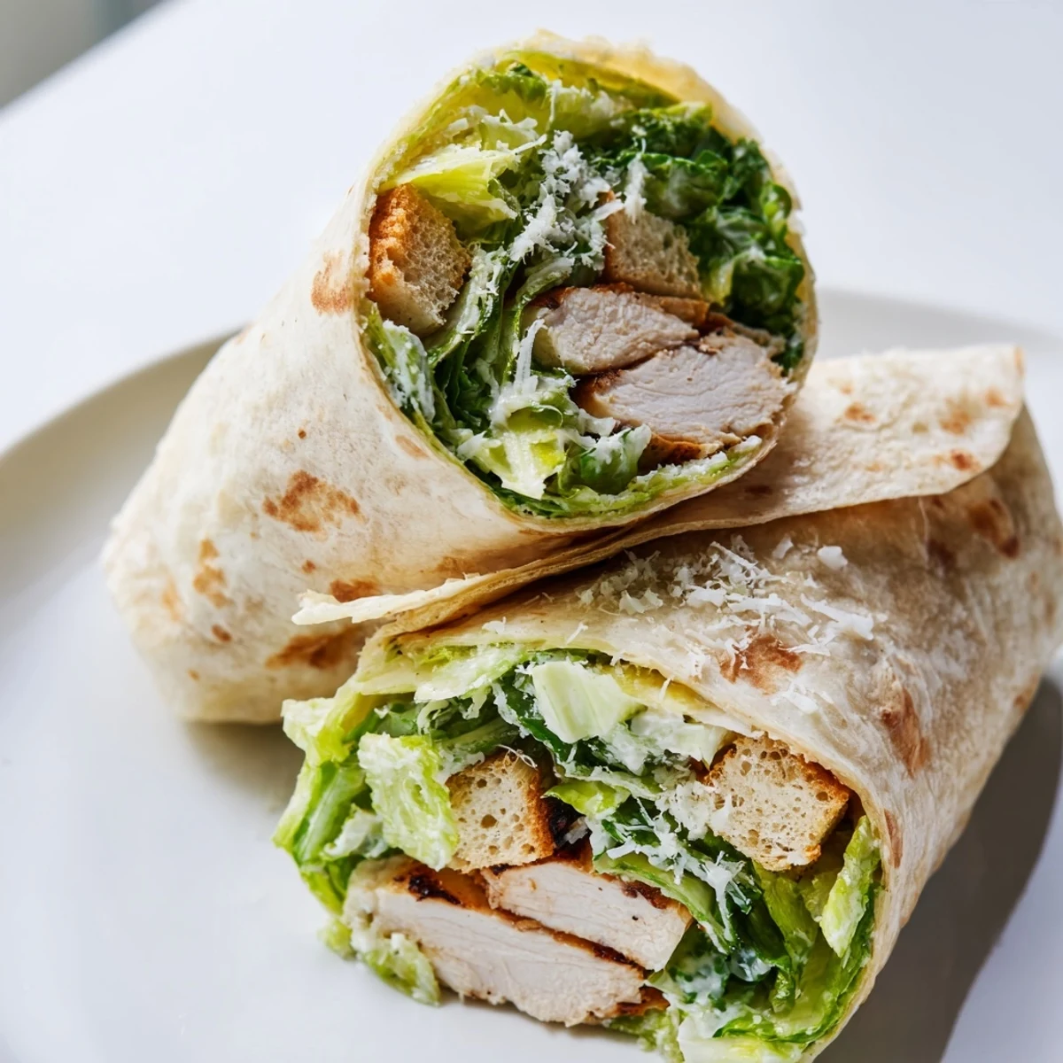 Golden grilled chicken slices resting on a bed of crisp romaine, parmesan, and croutons, wrapped in a soft flour tortilla for a Caesar Chicken Salad Wrap.