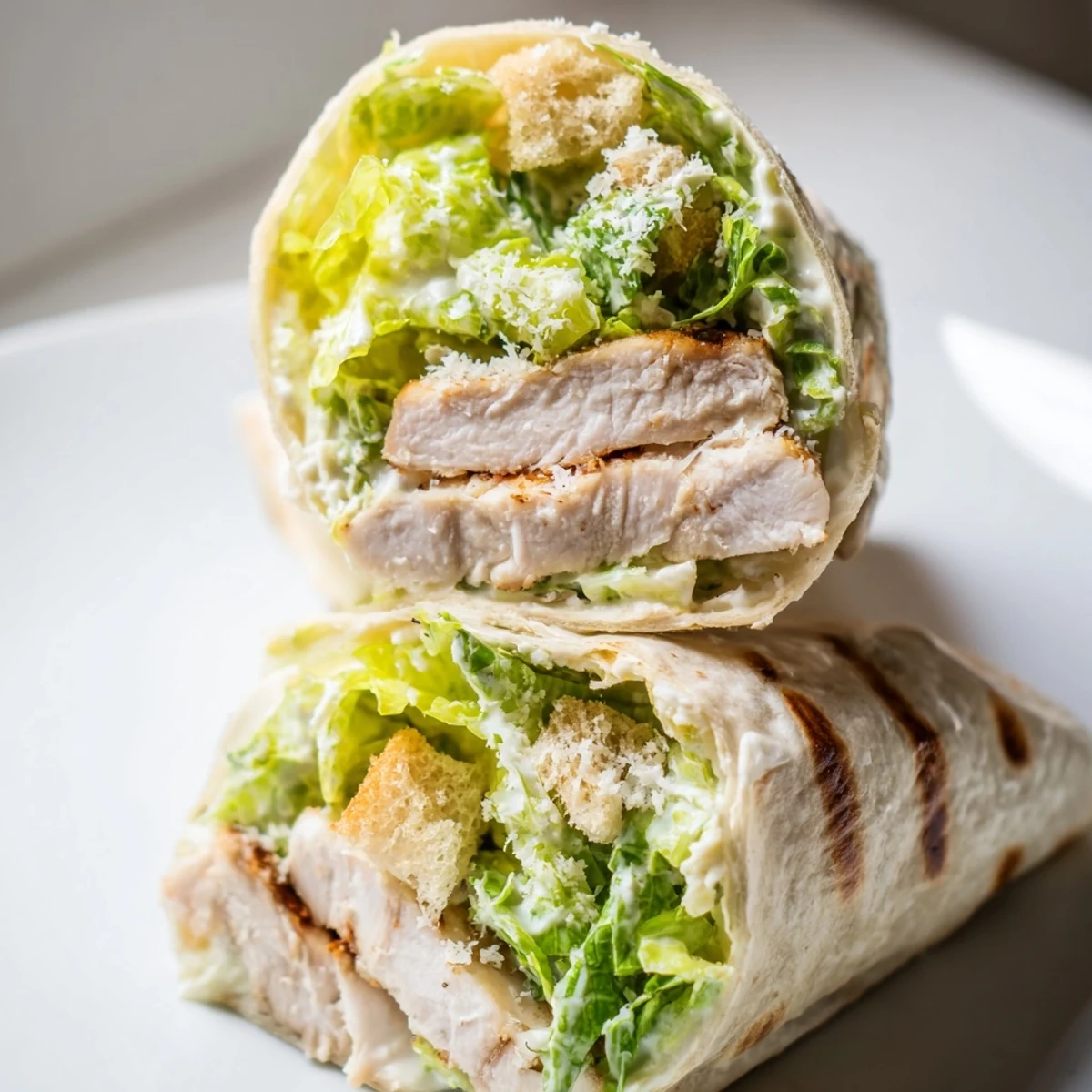 Handheld Caesar Chicken Salad Wrap, sliced to reveal layers of grilled chicken, romaine, and parmesan cheese, served with a side of croutons.