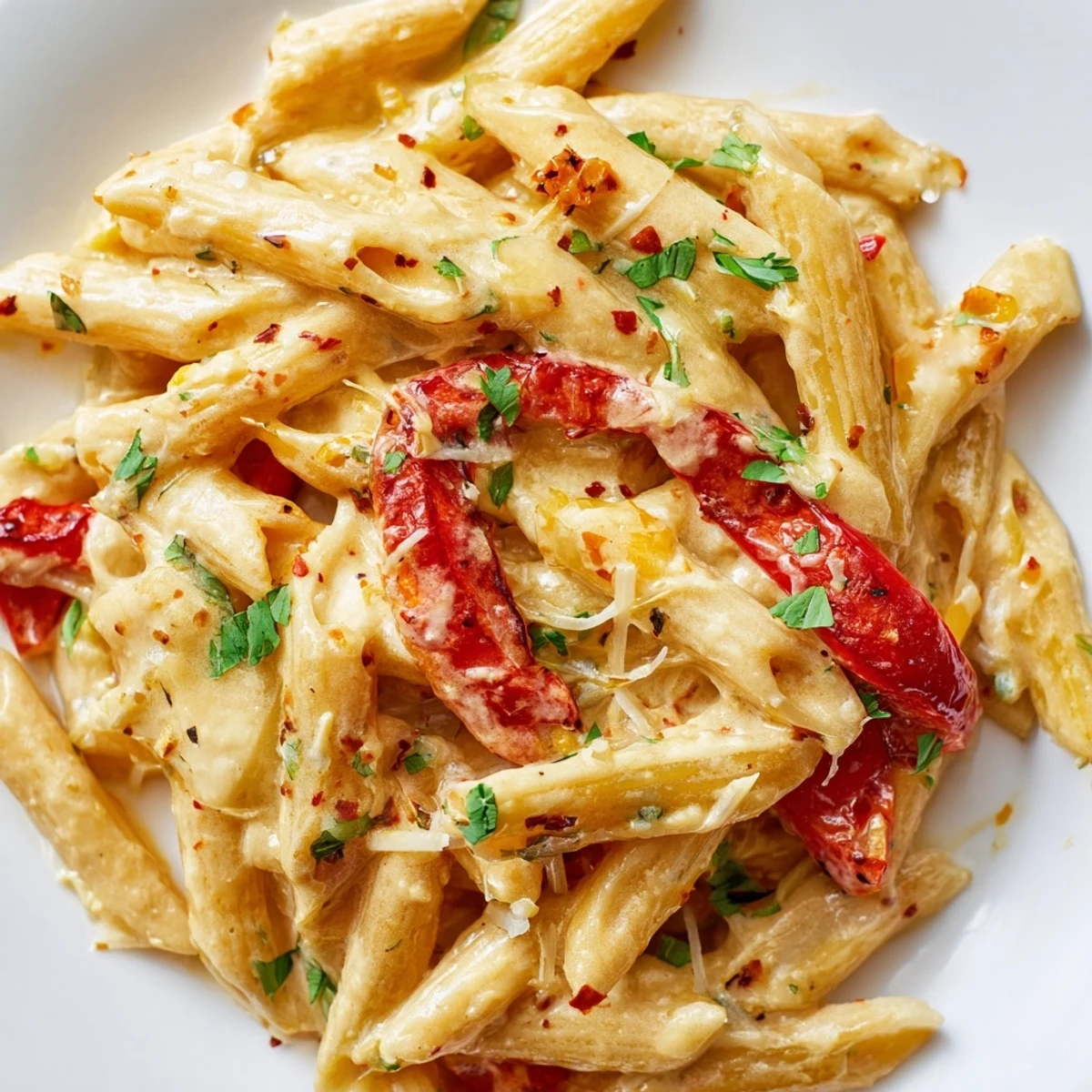 Savory Creamy Cajun Pasta plated with extra Parmesan invites comfort, featuring vibrant roasted peppers and al dente pasta.