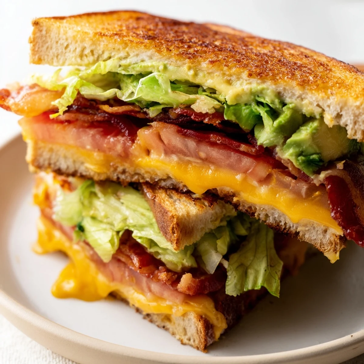 Golden, buttery sourdough grilled cheese layered with crispy bacon, ripe avocado, lettuce, and tomato for the ultimate Avocado BLT Grilled Cheese.