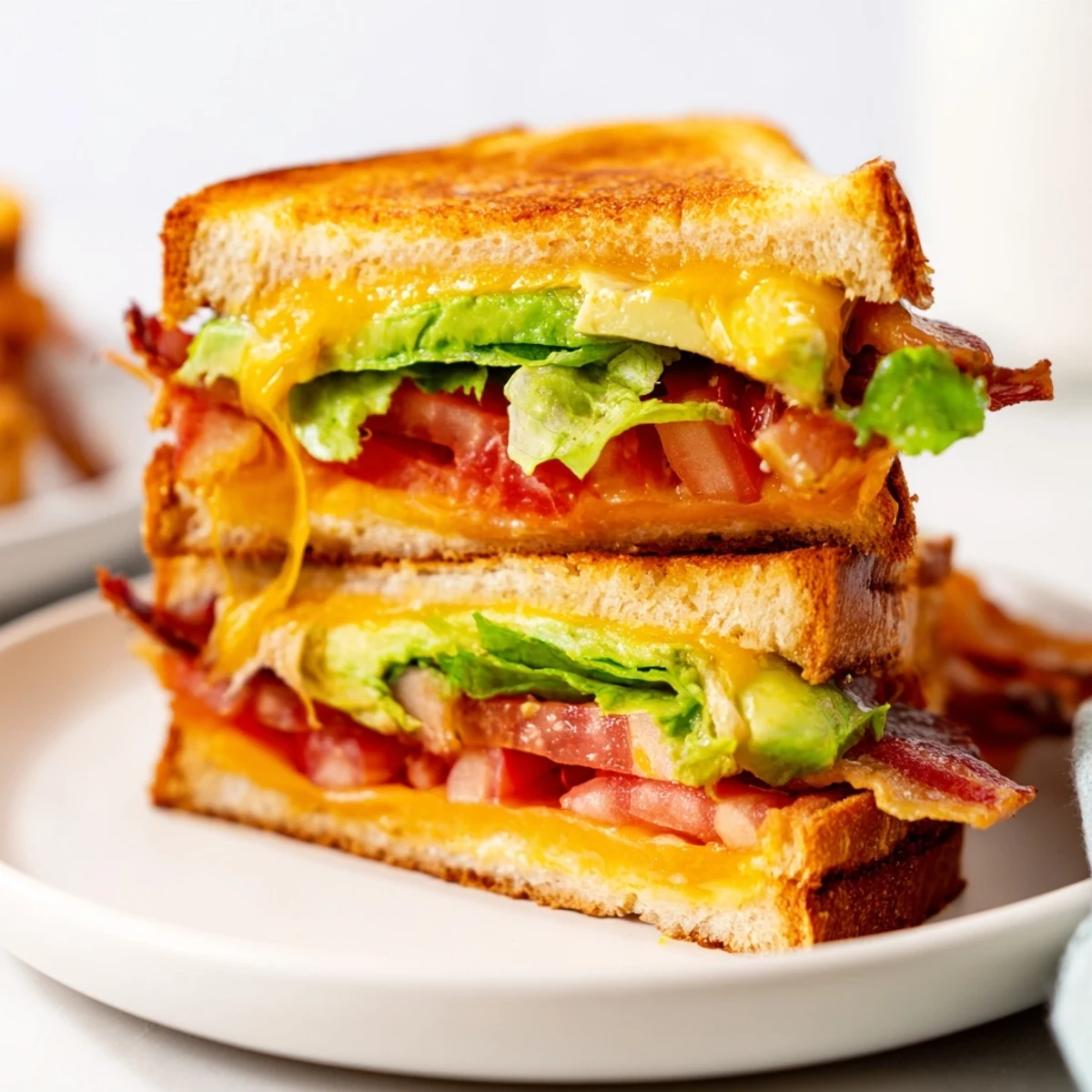 A close-up of a warm Avocado BLT Grilled Cheese, revealing melted cheddar and creamy avocado between golden, crispy bread slices.
