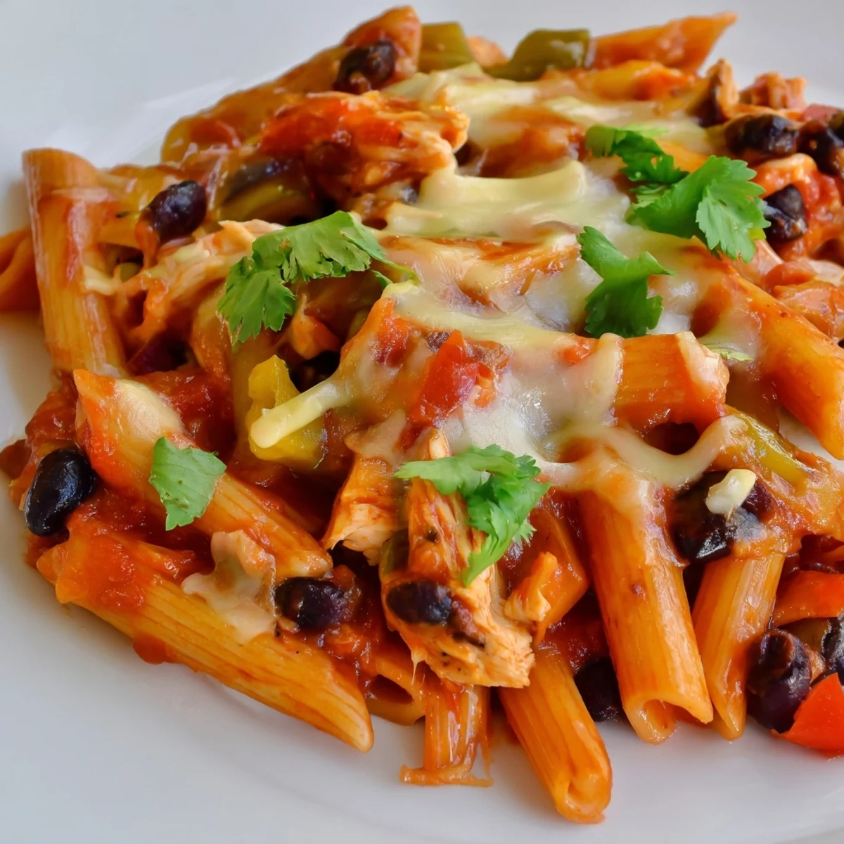 Steaming bowl of creamy Chicken Enchilada Pasta topped with melted cheese and fresh cilantro.