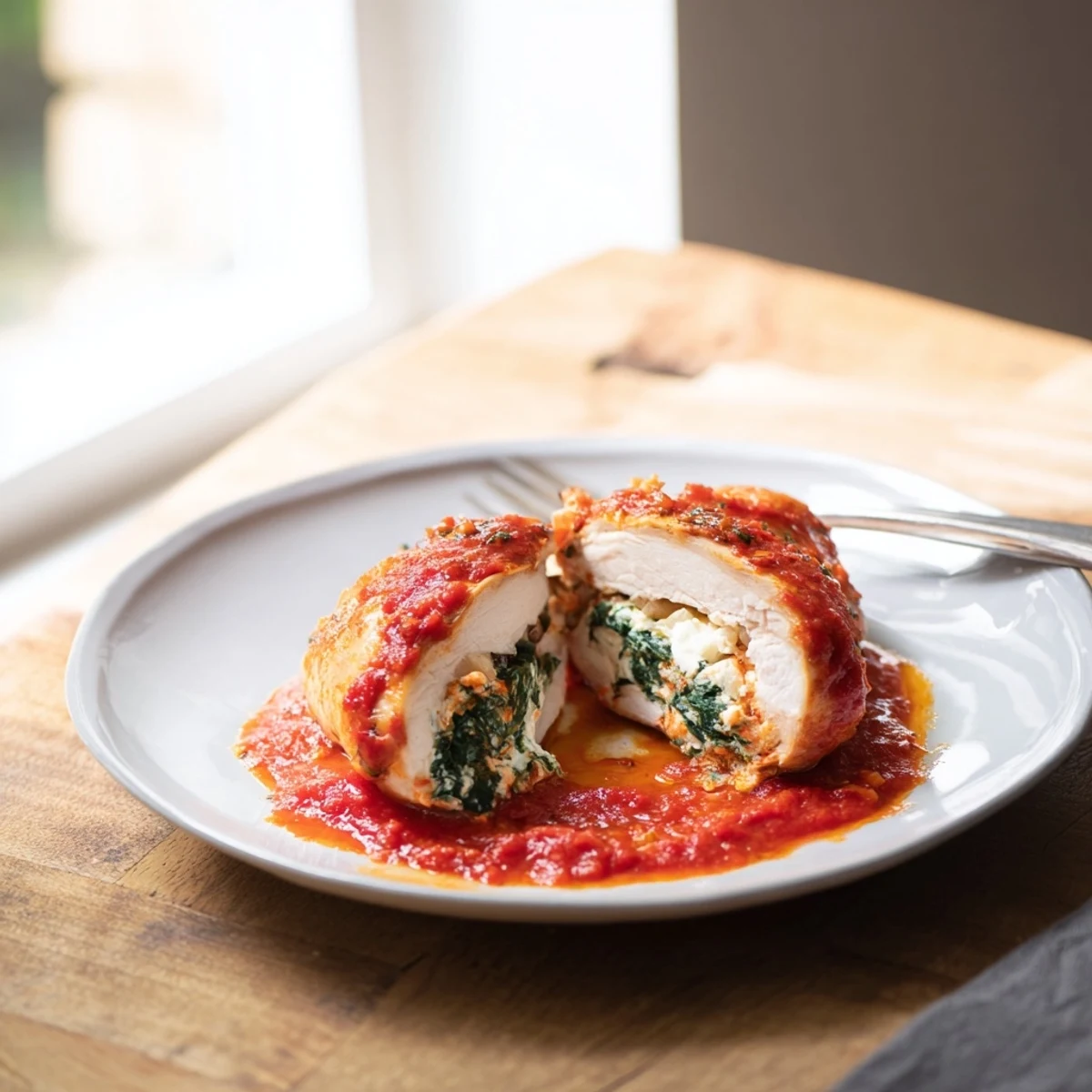 Golden-baked Spinach Ricotta Stuffed Chicken bubbling in rich tomato sauce, topped with melted Parmesan and fresh basil.