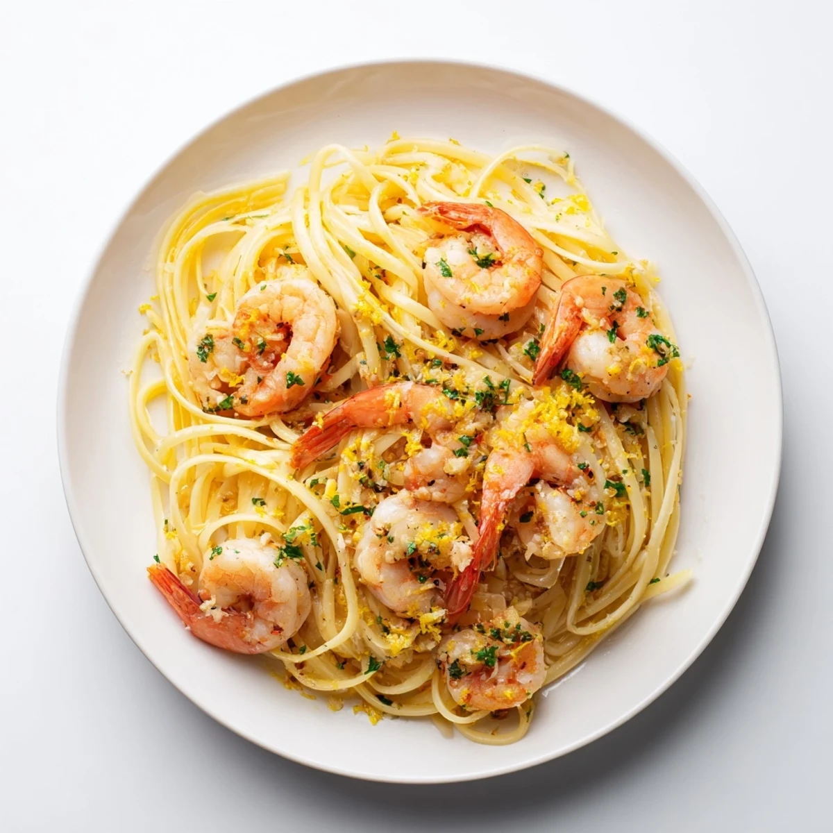Tender shrimp in a rich garlic butter sauce tossed with al dente linguine, garnished with fresh parsley and lemon zest.