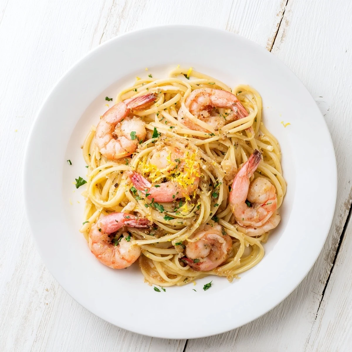 Close-up of a skillet of Garlic Butter Shrimp Linguine, steam rising as a fork twirls the noodles.