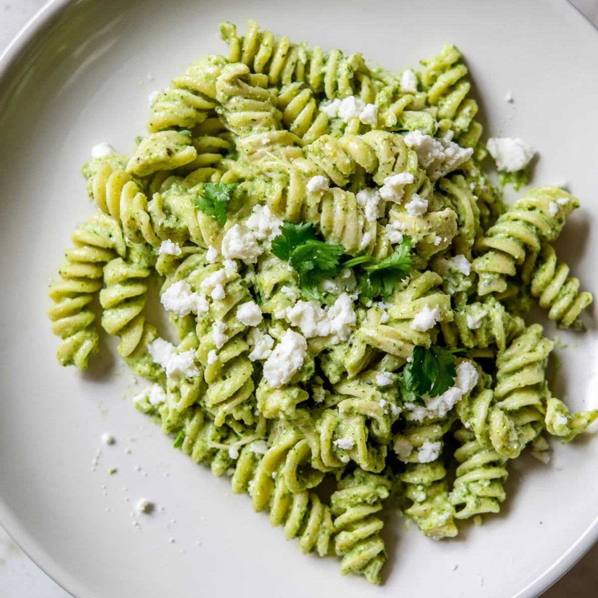 Freshly cooked rotini pasta tossed with shredded chicken in a vibrant green cilantro lime yogurt sauce.  