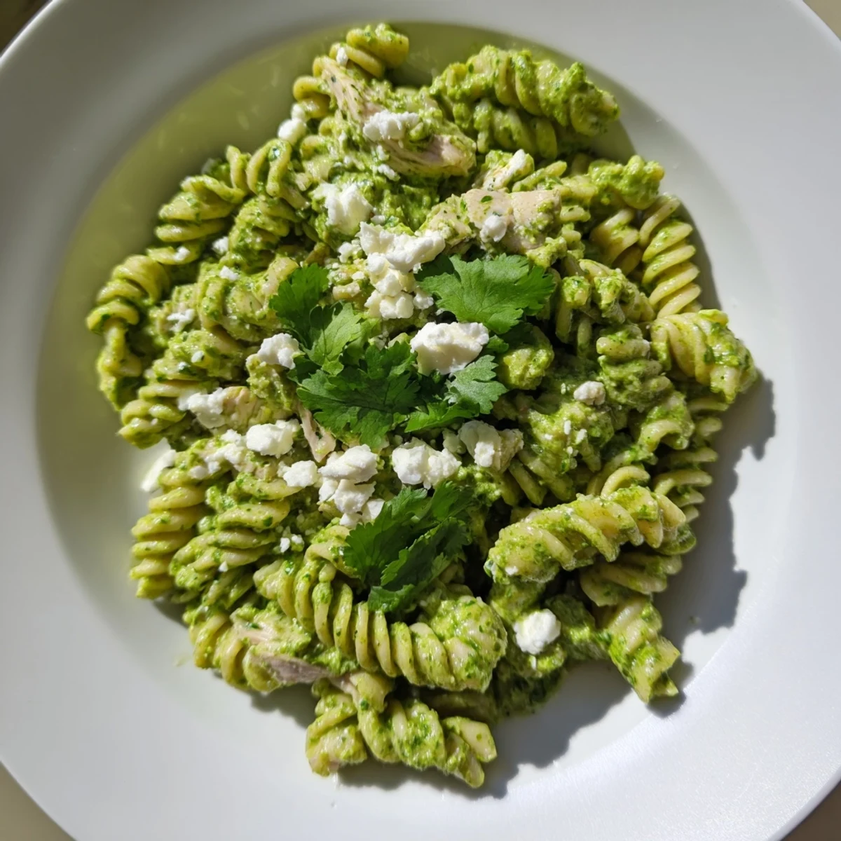 Close-up of Cilantro Lime Chicken Pasta garnished with cotija cheese and a lime wedge for serving.