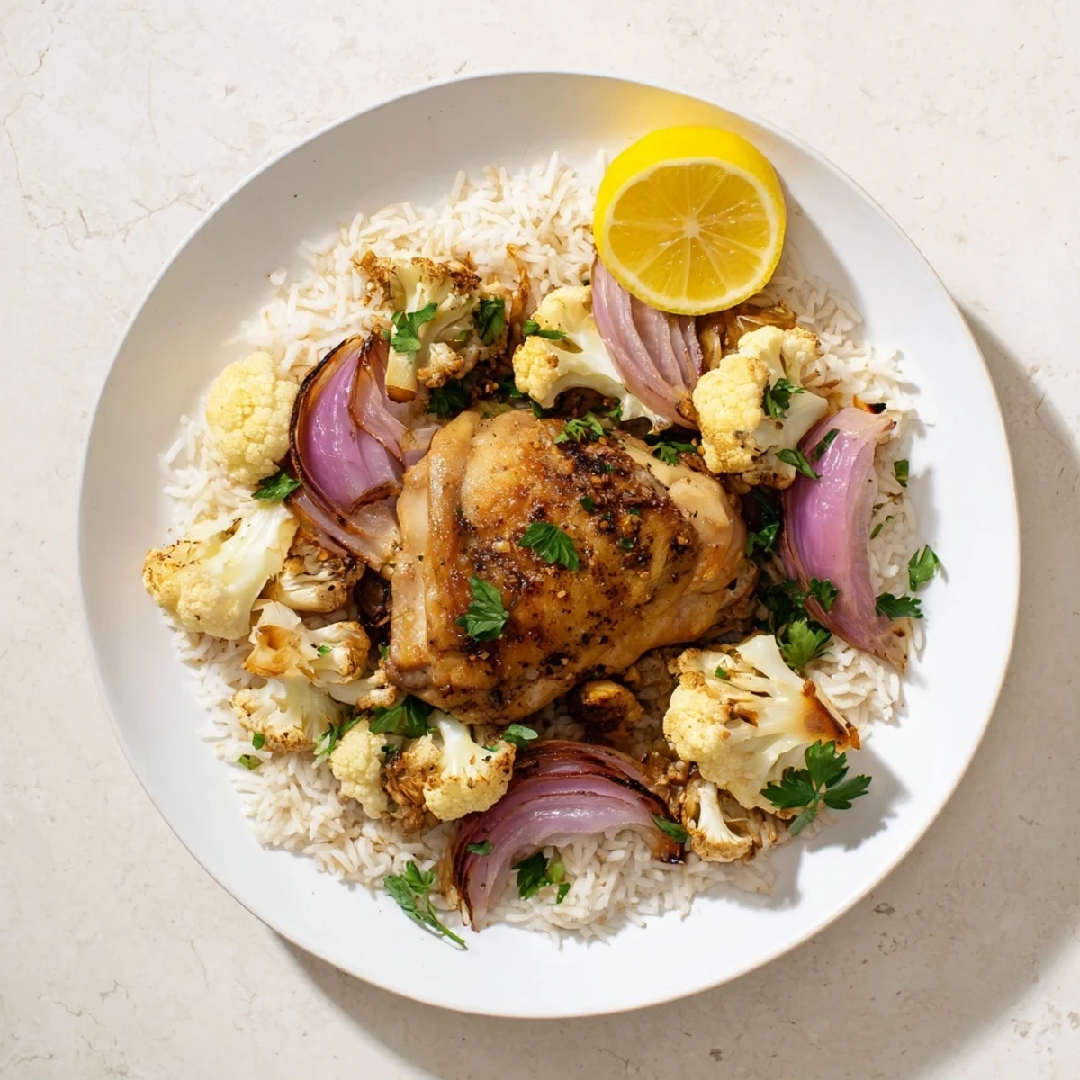 The Roasted Cauliflower Chicken Sheet Pan fresh from the oven, with golden-brown chicken and cauliflower ready to be served over rice.