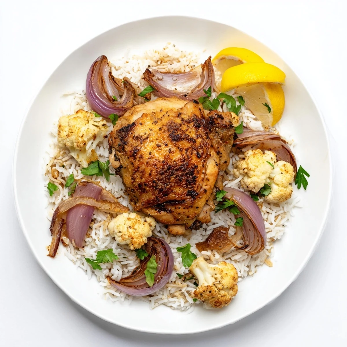 A close-up of the Roasted Cauliflower Chicken Sheet Pan, featuring tender vegetables and caramelized onions garnished with fresh parsley.  