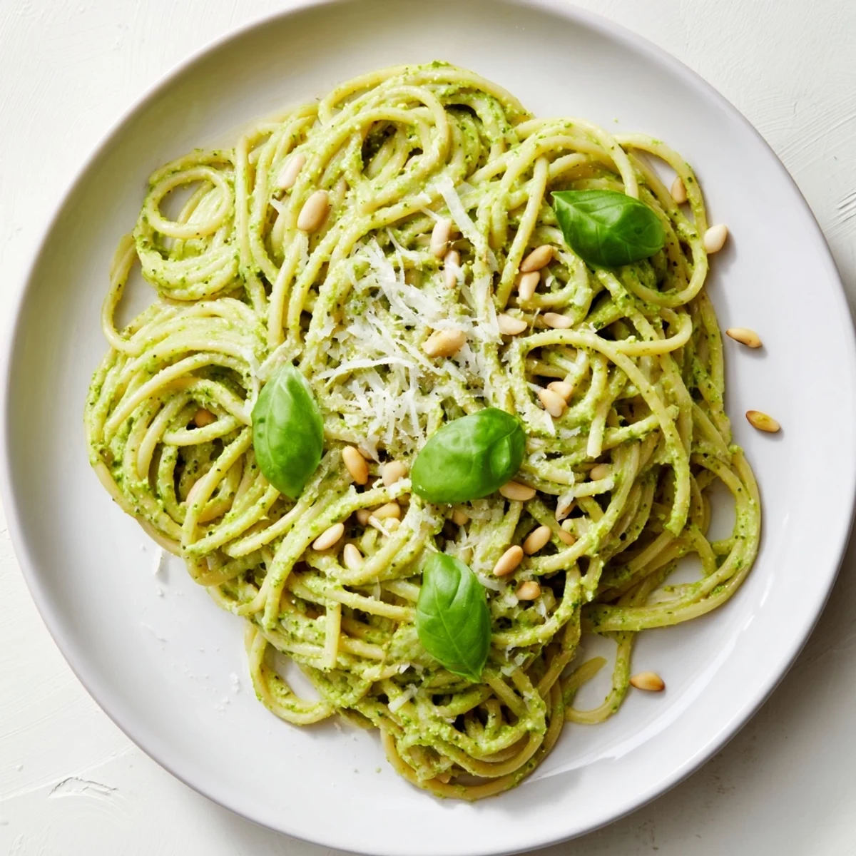 A close-up of Creamy Sunflower Seed Pesto Pasta topped with fresh basil and grated Parmesan.  