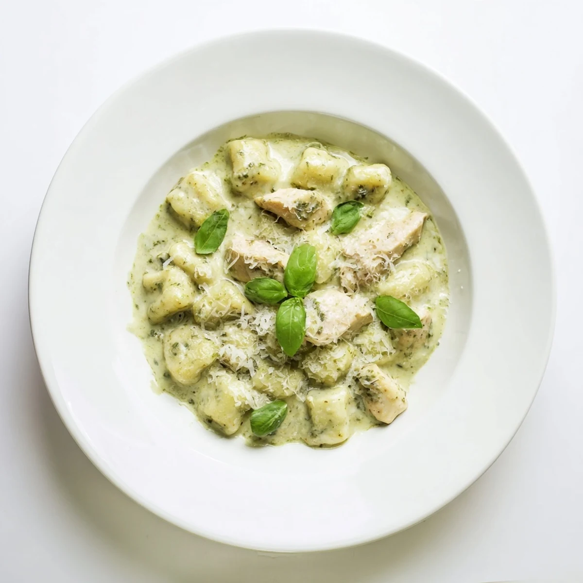 Creamy Pesto Gnocchi with Chicken served hot in a rustic skillet, showcasing the rich, emerald sauce clinging to each bite.