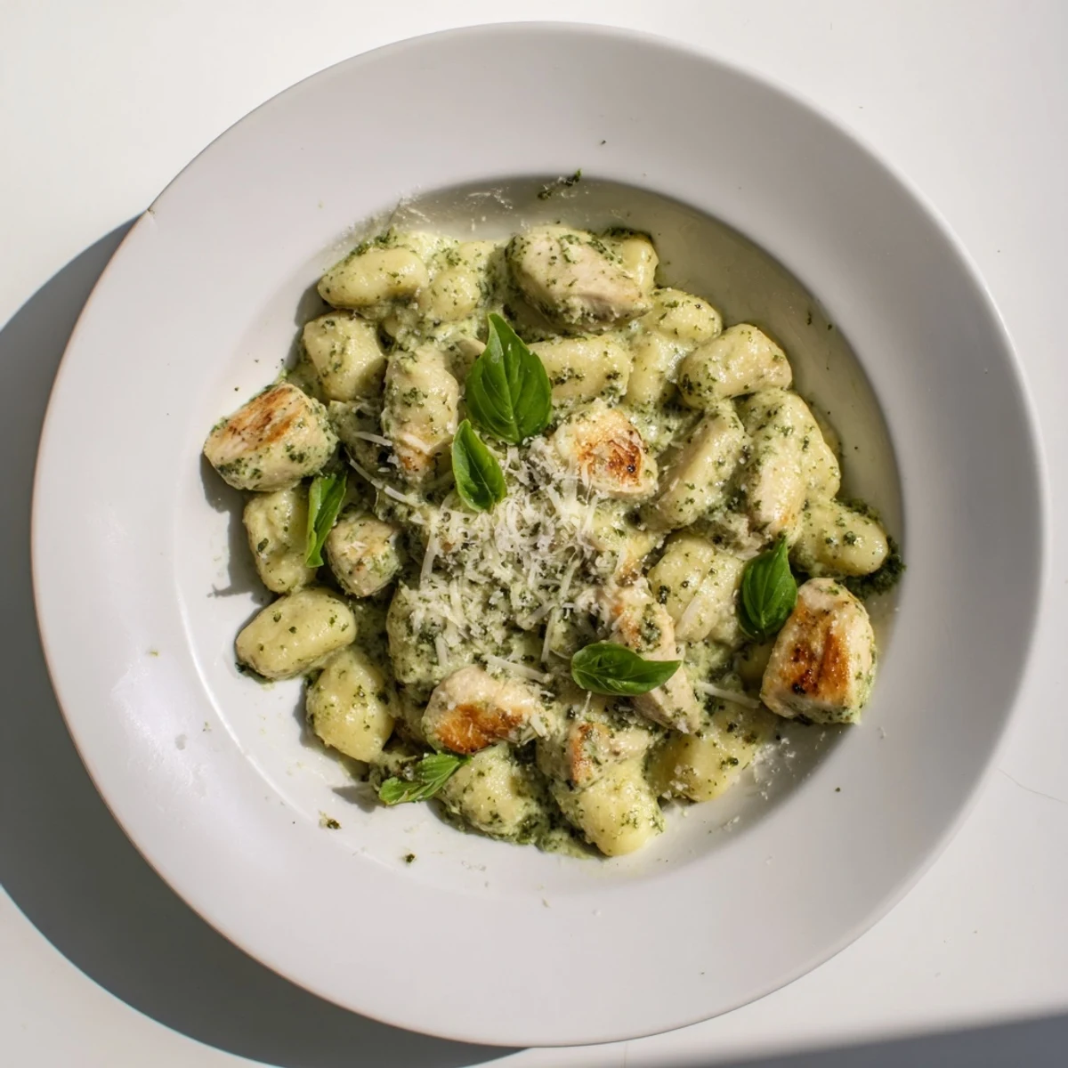 Golden pan-crisped gnocchi and tender chicken pieces coated in a vibrant, creamy green pesto sauce, garnished with fresh basil and Parmesan.